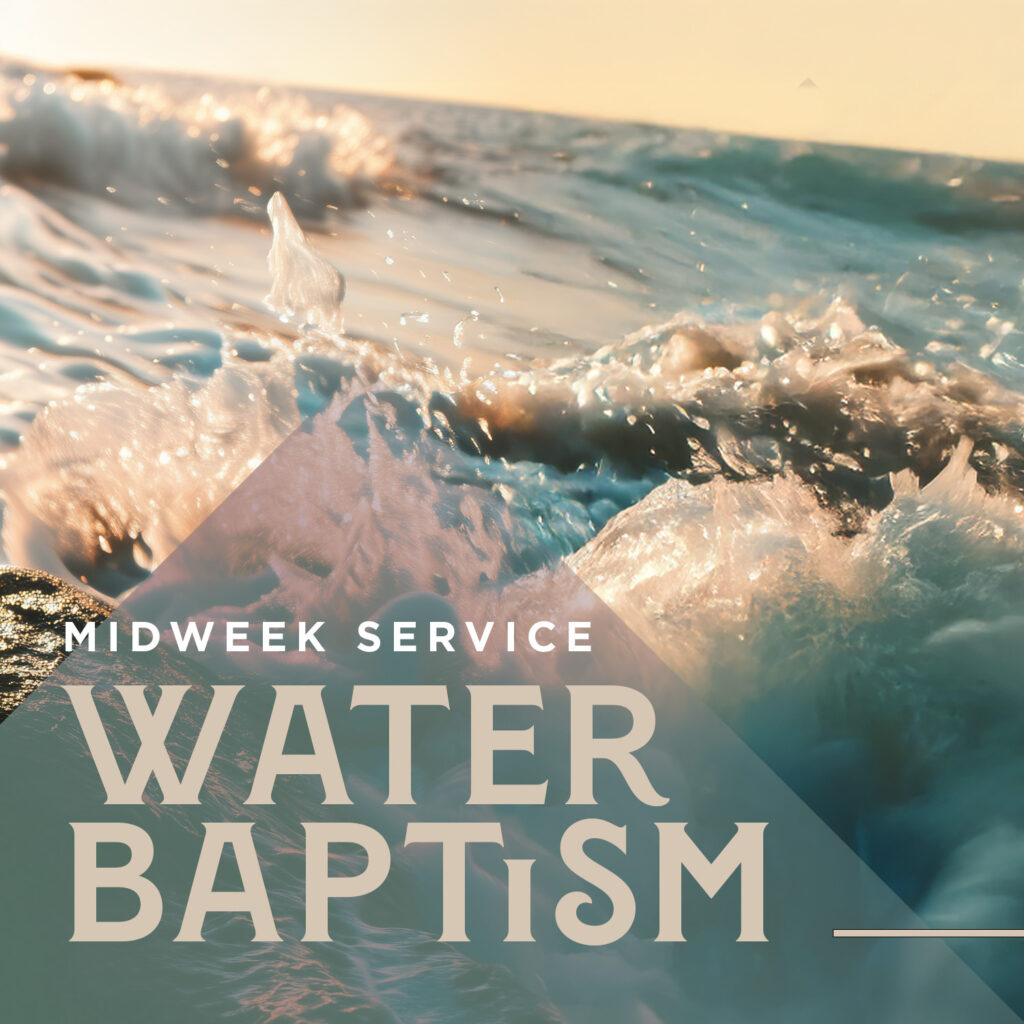 Water baptism church graphic with ocean waves and golden sunset light designed by Good News Pixels - Unlimited church graphic design