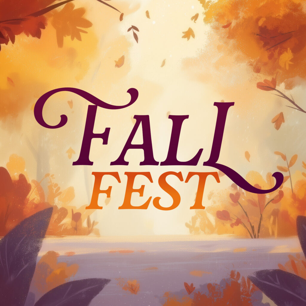Fall fest church event graphic with autumn leaves and warm orange illustration designed by Good News Pixels - Unlimited church graphic design