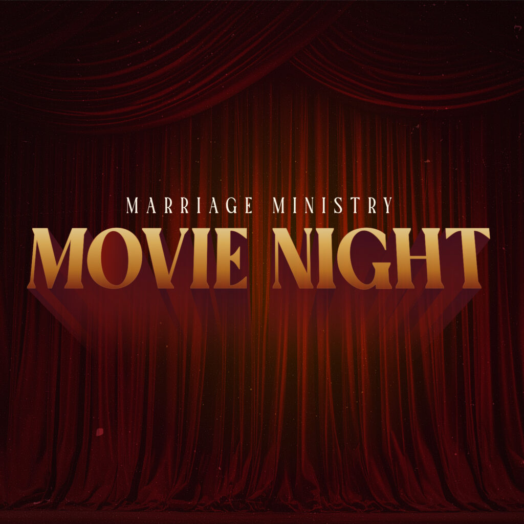 Marriage ministry movie night church event graphic with red theater curtains designed by Good News Pixels - Unlimited church graphic design