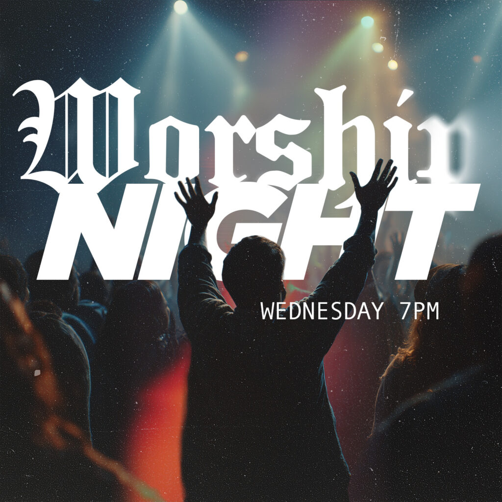 Worship night church event graphic with raised hands and concert stage lights designed by Good News Pixels - Unlimited church graphic design