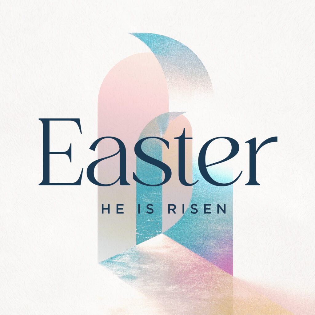 Easter church graphic with empty tomb archway and text 